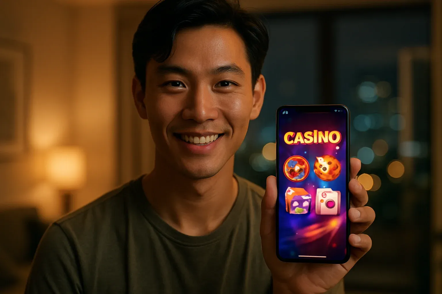 Nam thanh niên Việt Nam cầm điện thoại hiển thị ứng dụng casino rực rỡ