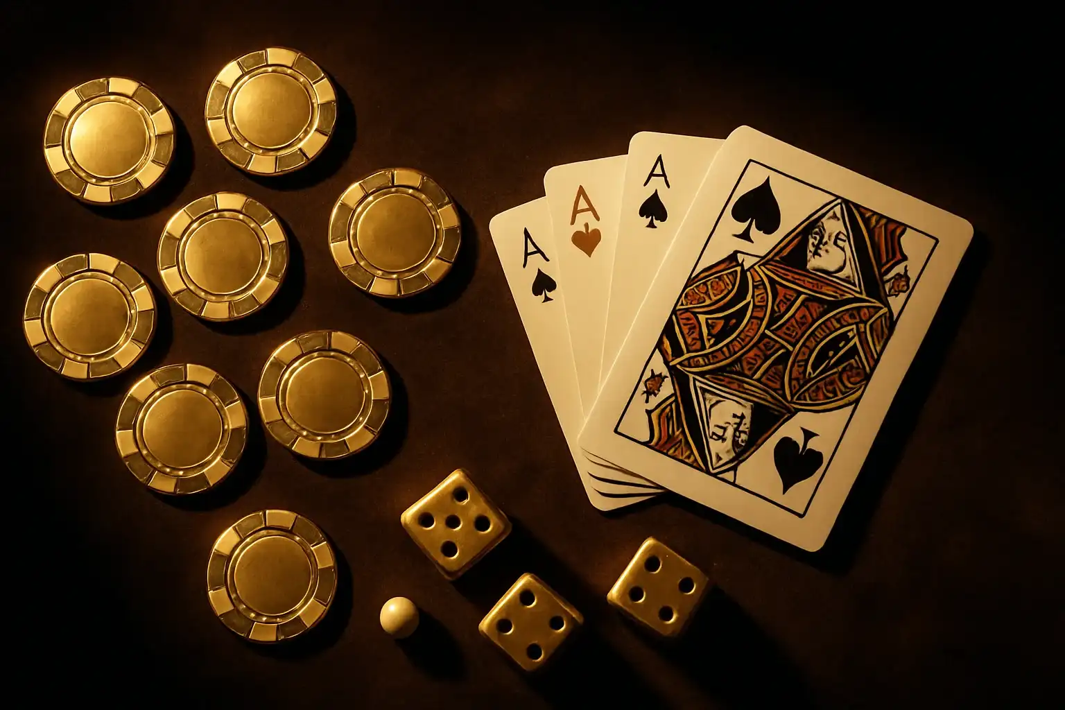 Chip casino vàng, bài tây, xúc xắc và bi roulette trên nhung tối