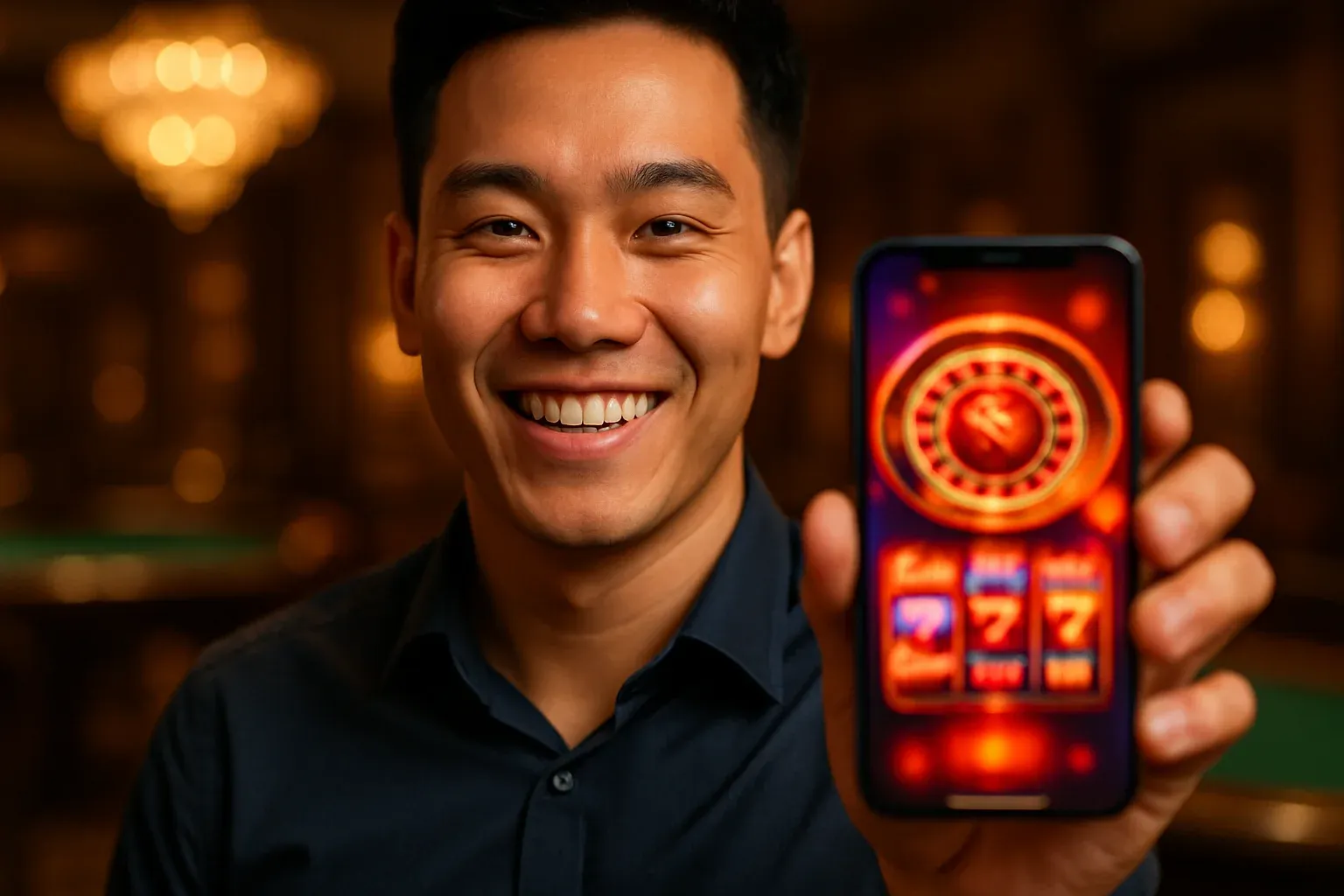 Người đàn ông Việt trẻ mỉm cười cầm điện thoại hiển thị ứng dụng casino