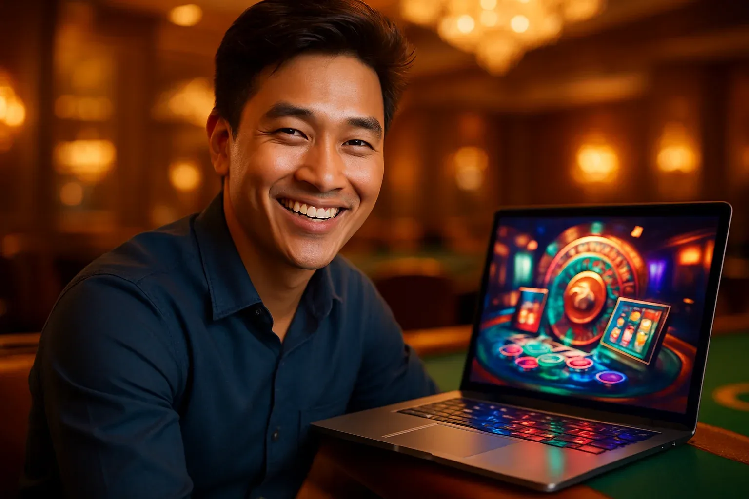 Người đàn ông Việt Nam trẻ cười tự tin bên laptop tại sảnh casino