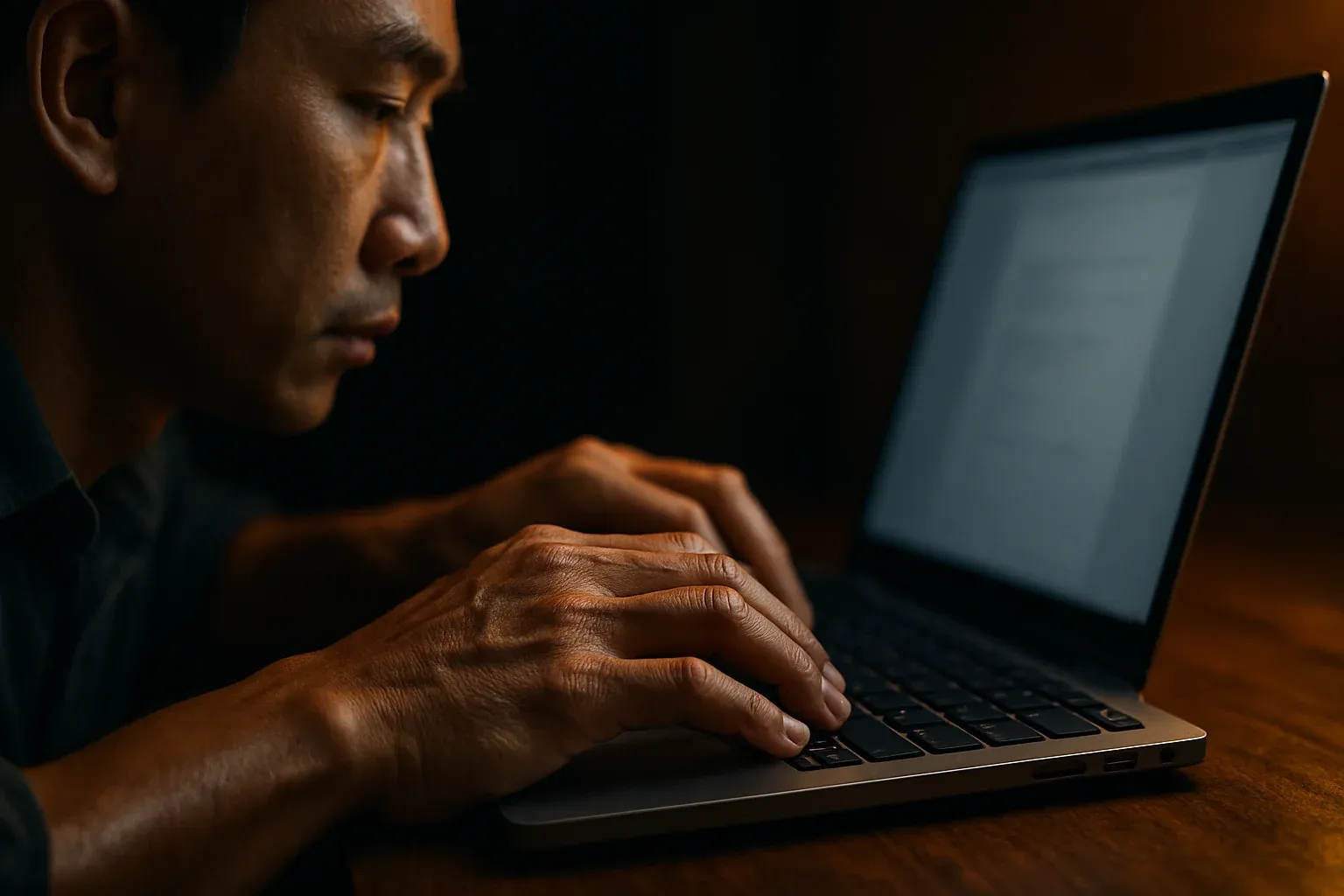 Cận cảnh tay người đàn ông Việt Nam gõ trên bàn phím laptop hiện đại